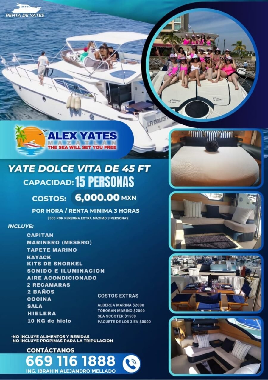 🛥️ YATE ANA DOLCE VITA DE 45 FT 👥 Capacidad: 15 personas