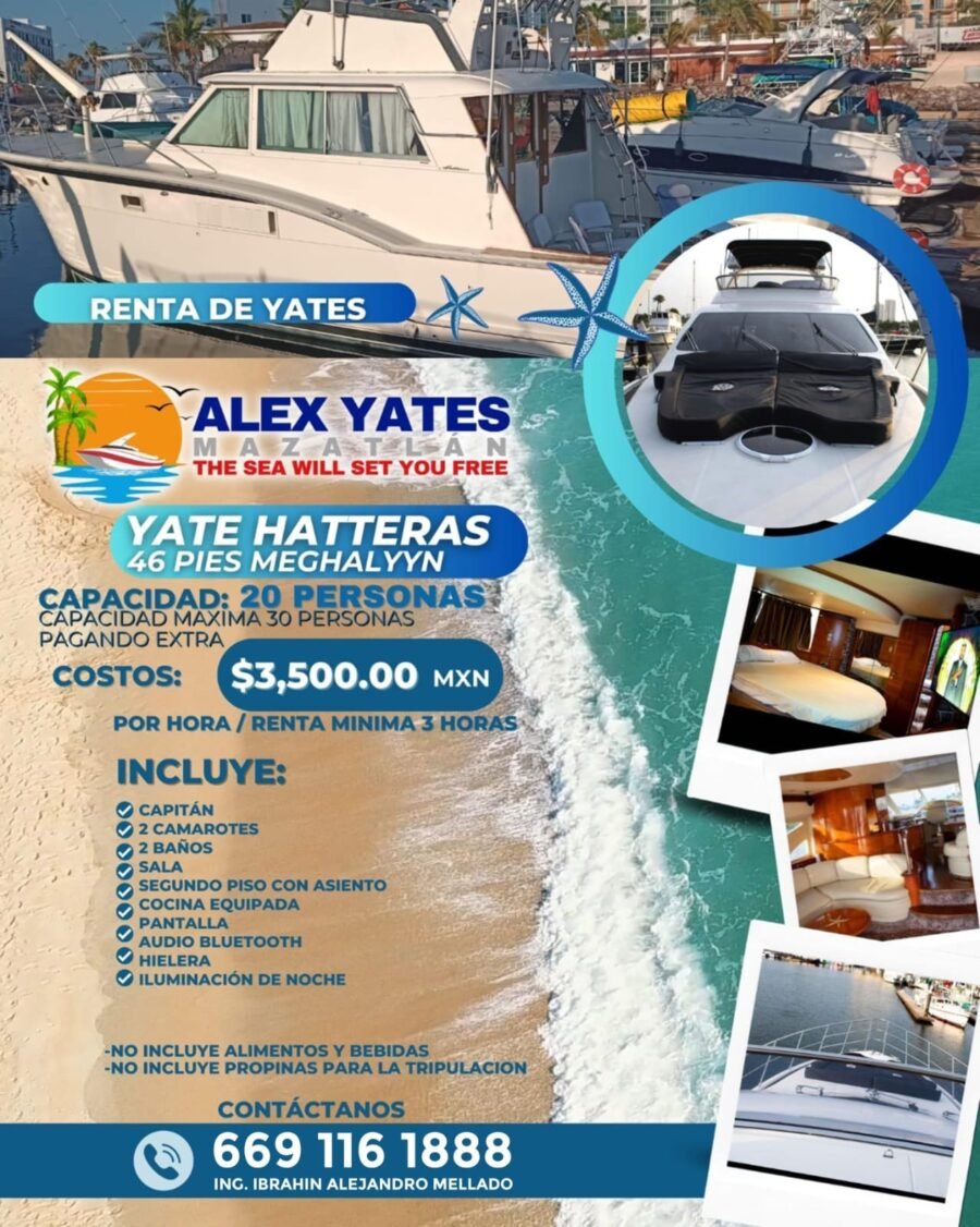 🛥️ YATE HATTERAS 46 PIES MEGHALYYN 👥 Capacidad: 20 personas
