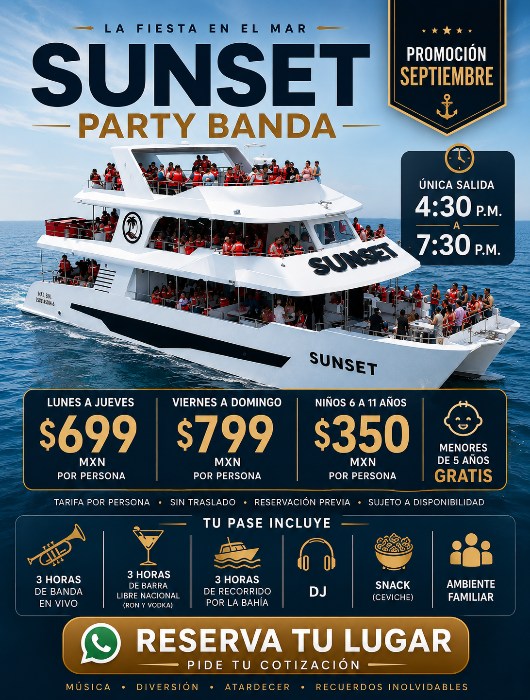 Sunset Party Banda Mazatlán: horarios, tarifas y servicios incluidos